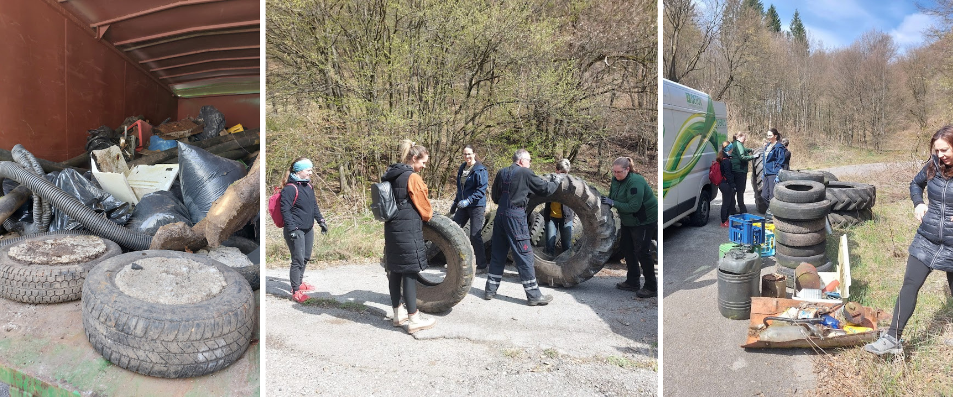 Dobrovoľn&iacute;ci počas čistiacej akcie odstraňuj&uacute; odpad z pr&iacute;rody, manipuluj&uacute; s veľk&yacute;mi pneumatikami a ukladaj&uacute; nazbieran&yacute; odpad do vozidla.