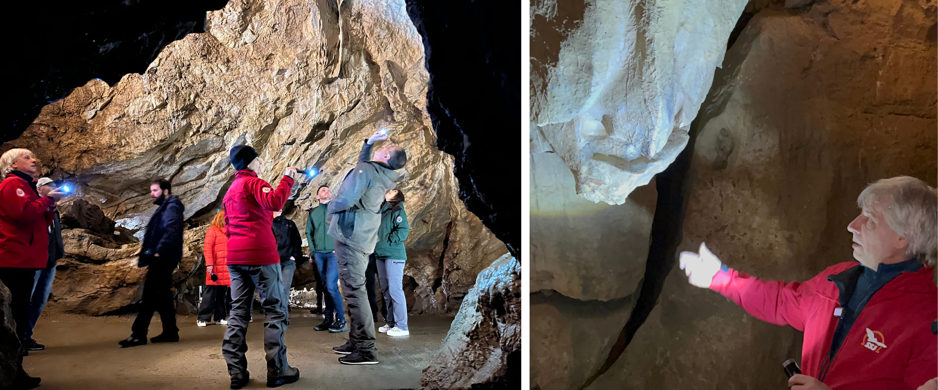 Fotografi a kameramani fotografuj&uacute; pred vstupom do jaskyne, kde stoj&iacute; sprievodca.