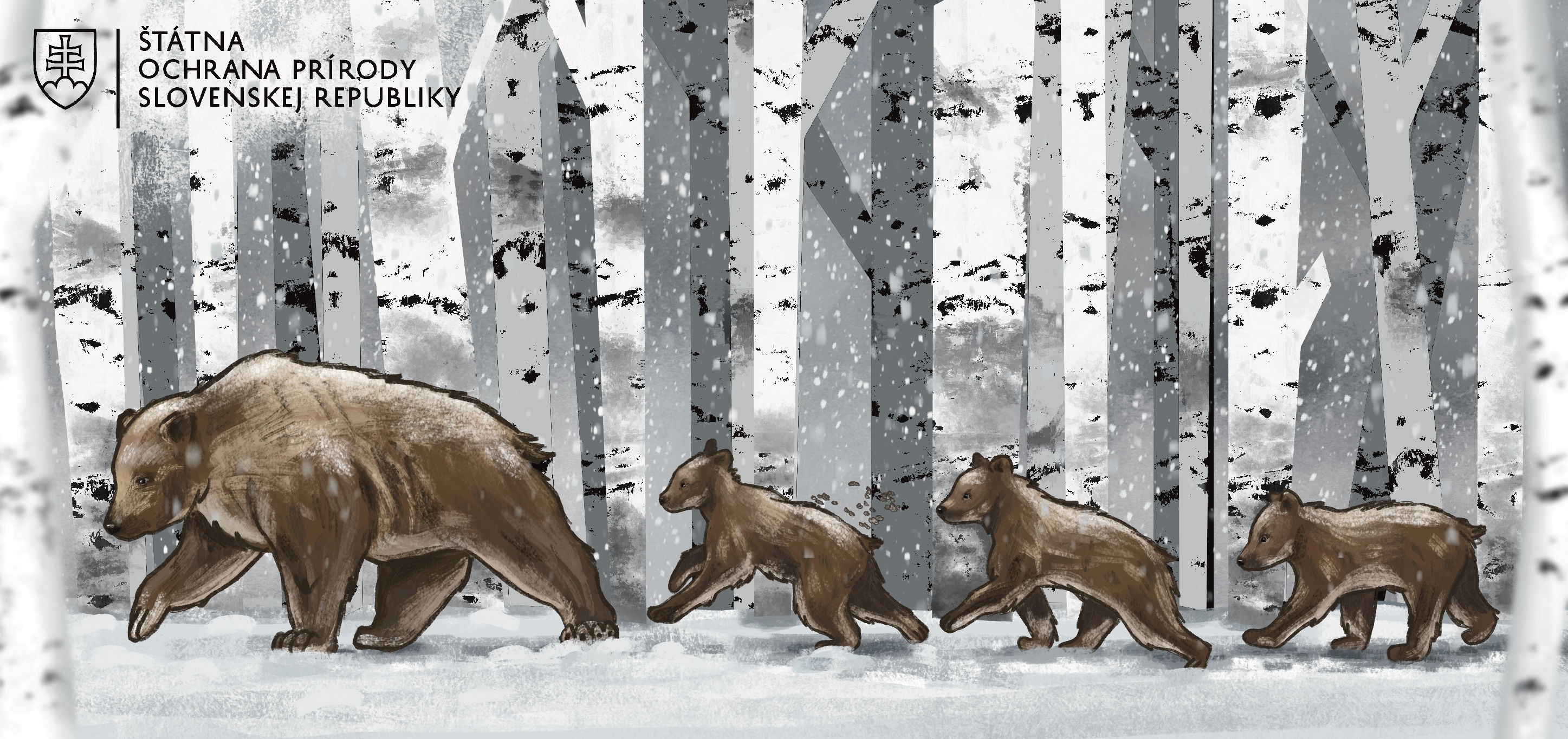 Grafika medvedice kráčajúcej zimnou krajinou s tromi mláďatmi a logom ŠOP SR
