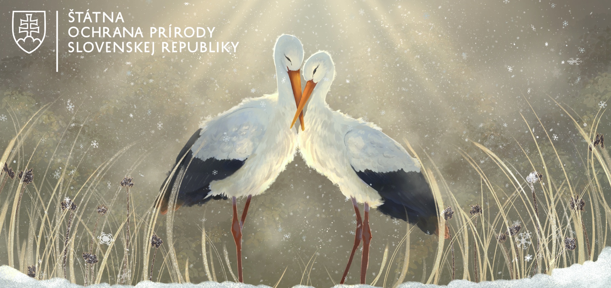 Ilustrácia dvoch bocianov v zimnej prírode so symbolom Štátnej ochrany prírody Slovenskej republiky