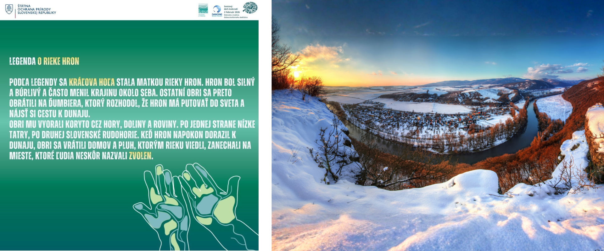 Zimn&yacute; pohľad na meandre rieky Hron pri meste Zvolen, obklopen&eacute; zasneženou krajinou a kopcami pri z&aacute;pade slnka.