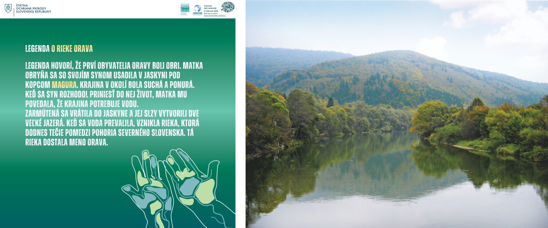 Pokojn&aacute; rieka Orava teč&uacute;ca lesnatou krajinou severn&eacute;ho Slovenska, s odrazom stromov a kopcov na hladine vody.