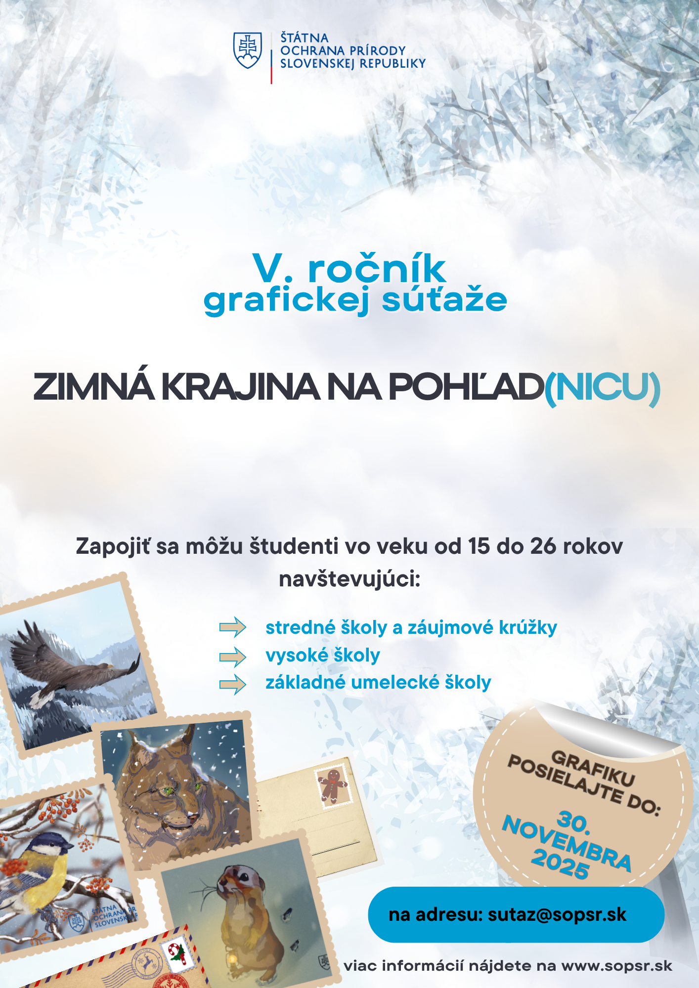 Plagát propaguje 5. ročník grafickej súťaže s názvom „Zimná krajina na pohľad(NICU)”, určenej pre študentov vo veku od 15 do 26 rokov. Zúčastniť sa môžu študenti stredných škôl, vysokých škôl, základných umeleckých škôl a záujmových krúžkov.  Vizualizácia plagátu je ladená v zimných farbách s jemným pozadím znázorňujúcim zasnežené stromy a oblaky. Súčasťou grafiky sú aj ilustrácie zvierat (napr. orol, rys, sýkorka a tuleň) vo forme pohľadníc.  Na pravej strane je výrazný štítok s informáciou, že grafiku je potrebné poslať do 30. novembra 2025. Kontaktný e-mail je sutaz@sopsr.sk . Organizátorom súťaže je Štátna ochrana prírody Slovenskej republiky.
