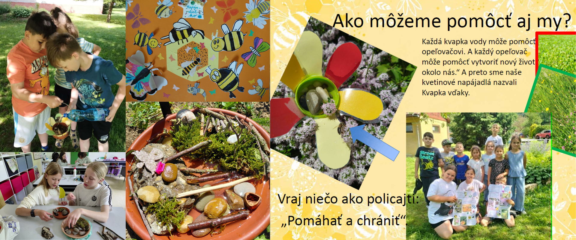 Kol&aacute;ž fotografi&iacute; dokumentuj&uacute;ca v&yacute;robu nap&aacute;jadla pre opeľovače, tvoriv&eacute; aktivity žiakov, informačn&eacute; materi&aacute;ly a hotov&eacute; nap&aacute;jadlo umiestnen&eacute; v &scaron;kolskej z&aacute;hrade.