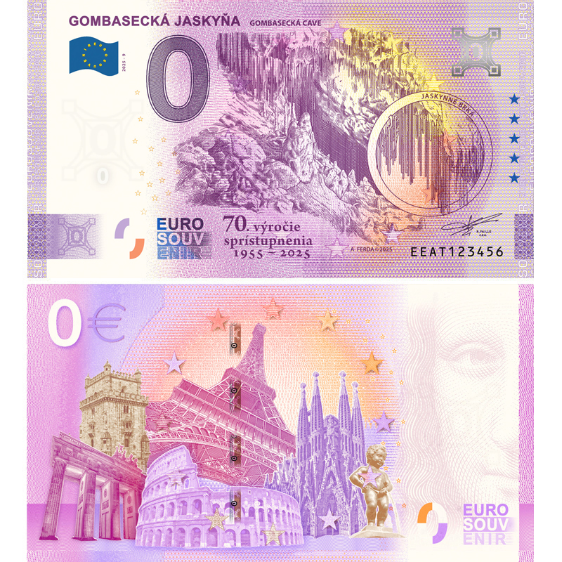 Zberateľská nulová eurobankovka venovaná Gombaseckej jaskyni pri príležitosti 70. výročia jej sprístupnenia (1955 – 2025). Bankovka je ladená do fialovo-žltých tónov a zobrazuje jaskynné priestory s kvapľovou výzdobou.