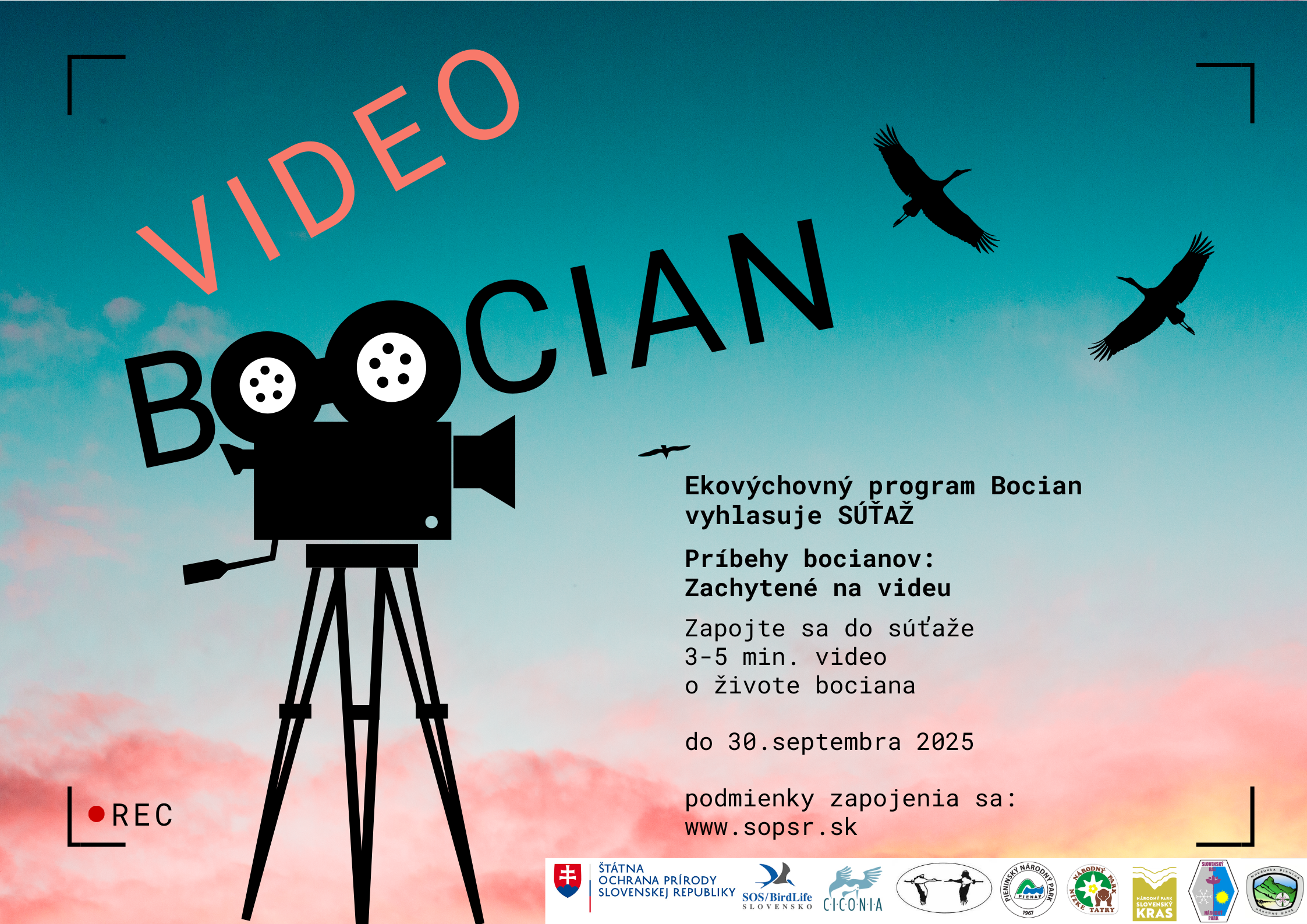 Ilustrácia kamery na trojnožke s nápisom „VIDEO BOCIAN“ a siluetami letiaceho bociana na pozadí modro-ružovej oblohy. Plagát informuje o súťaži ekovýchovného programu Bocian, ktorá je zameraná na tvorbu krátkeho videa o živote bociana.