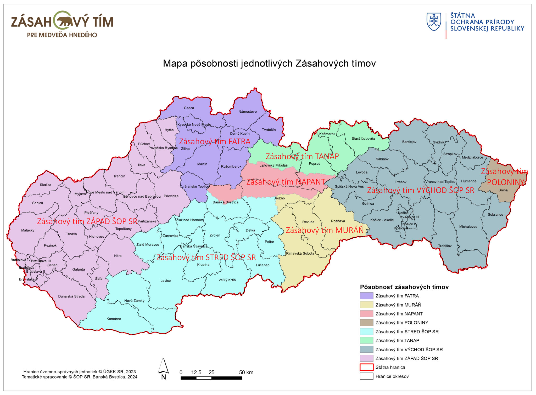 Mapa Slovenska zobrazujúca územnú pôsobnosť jednotlivých zásahových tímov pre medveďa hnedého pod Štátnou ochranou prírody SR. Územie je rozdelené farebne podľa oblastí: Západ, Stred, Východ, Fatra, Muráň, NAPANT, TANAP a Poloniny.