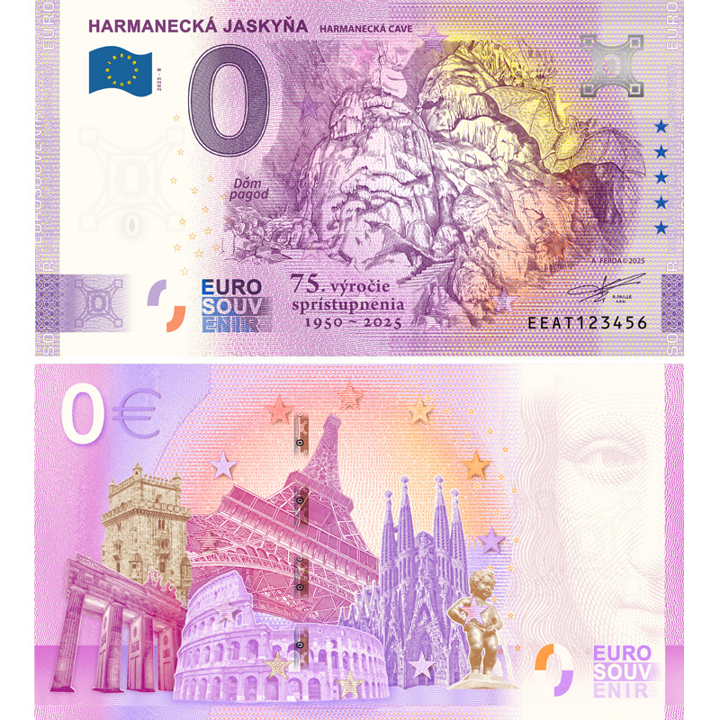 Pamätná nulová eurobankovka vydaná pri príležitosti 75. výročia sprístupnenia Harmaneckej jaskyne (1950 – 2025). Predná strana zobrazuje Dóm pagod s motívom netopiera a nápisom „Harmanecká jaskyňa“.