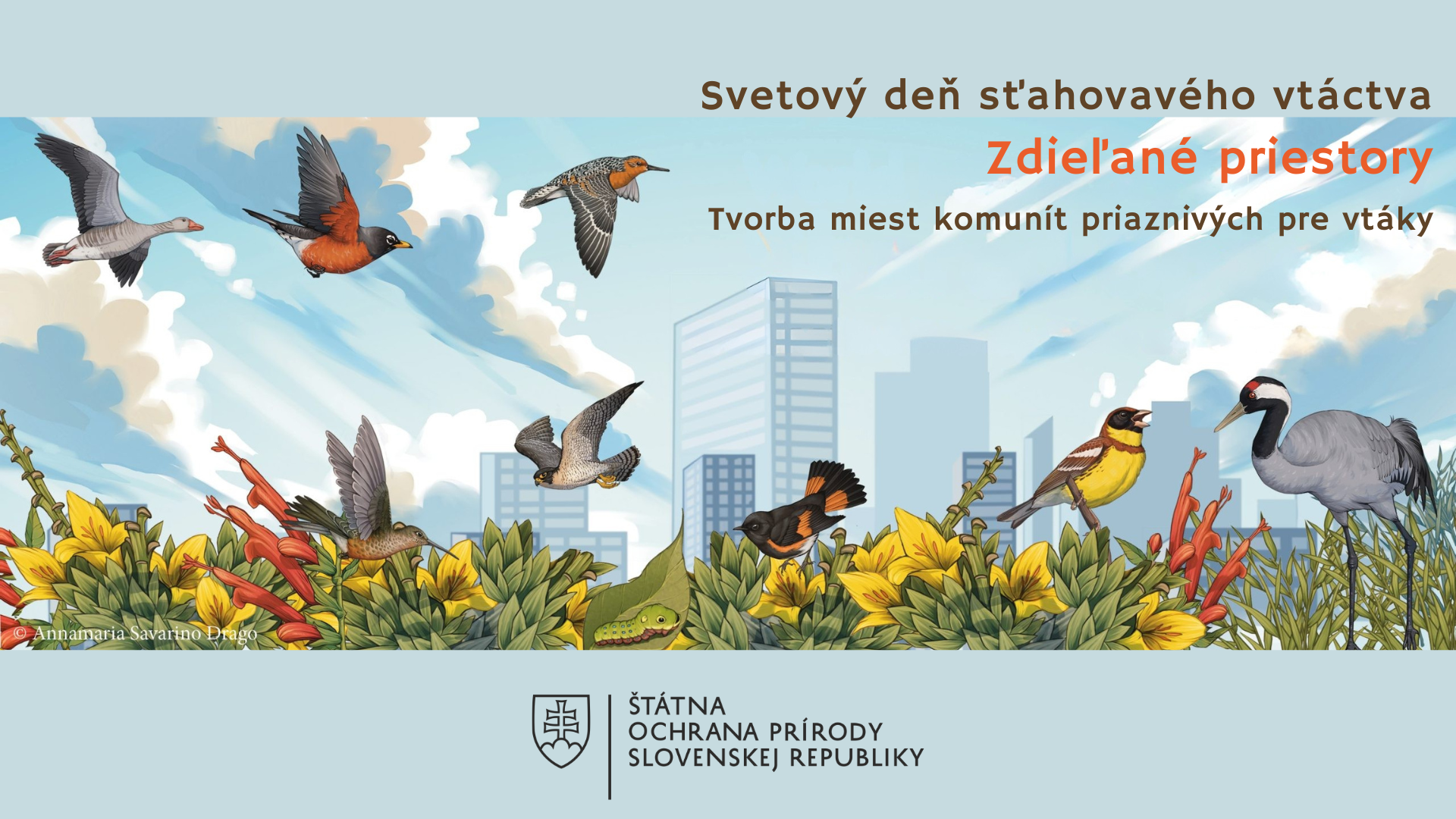 Ilustrovaný plagát k Svetovému dňu sťahovavého vtáctva s motívom rôznych druhov vtákov lietajúcich nad mestom a kvetinami v popredí. Text: Svetový deň sťahovavého vtáctva – Zdieľané priestory. Tvorba miest komunít priaznivých pre vtáky.