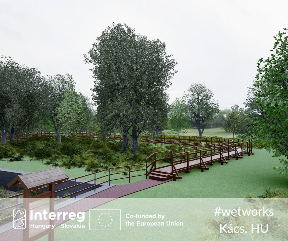Vizualizácia dreveného náučného chodníka vedúceho popri mokradi v obci Kács v Maďarsku. Projekt je súčasťou programu Interreg Maďarsko – Slovensko, spolufinancovaného Európskou úniou.