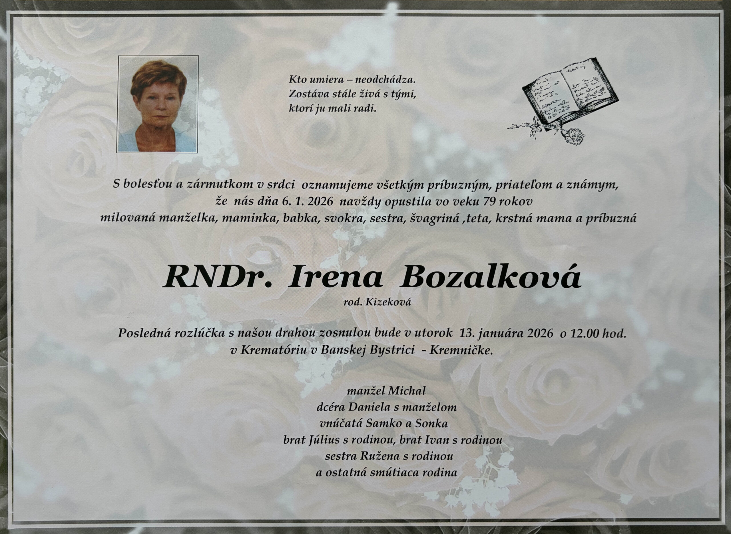 Smútočné parte s portrétom RNDr. Ireny Bozalkovej, informácia o jej úmrtí 6. januára 2026 a o poslednej rozlúčke v Krematóriu v Banskej Bystrici.