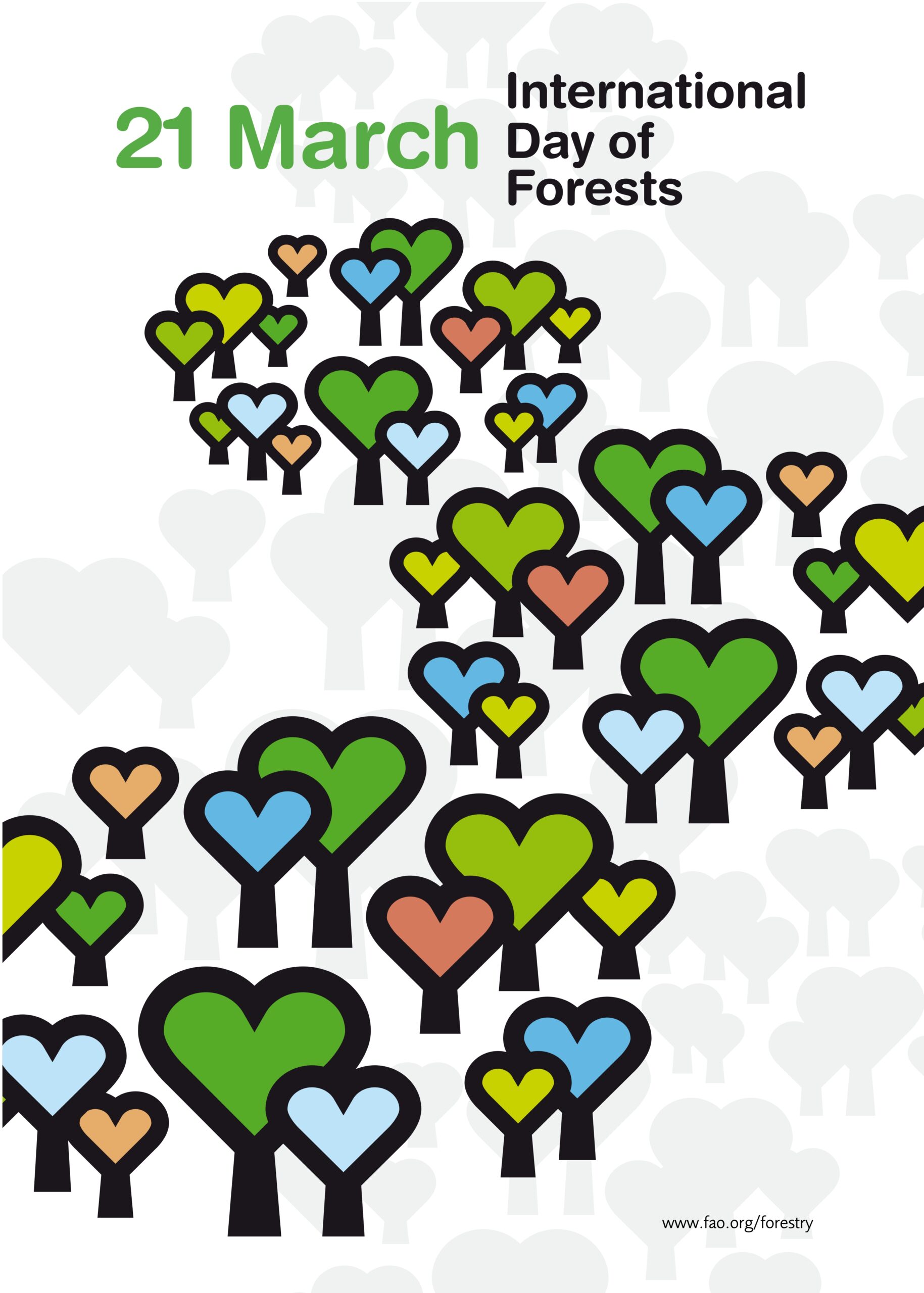 Grafika k Medzinárodnému dňu lesov s dátumom 21. marec a nápisom „International Day of Forests“. Ilustrácia zobrazuje farebné stromy v tvare sŕdc na svetlom pozadí.