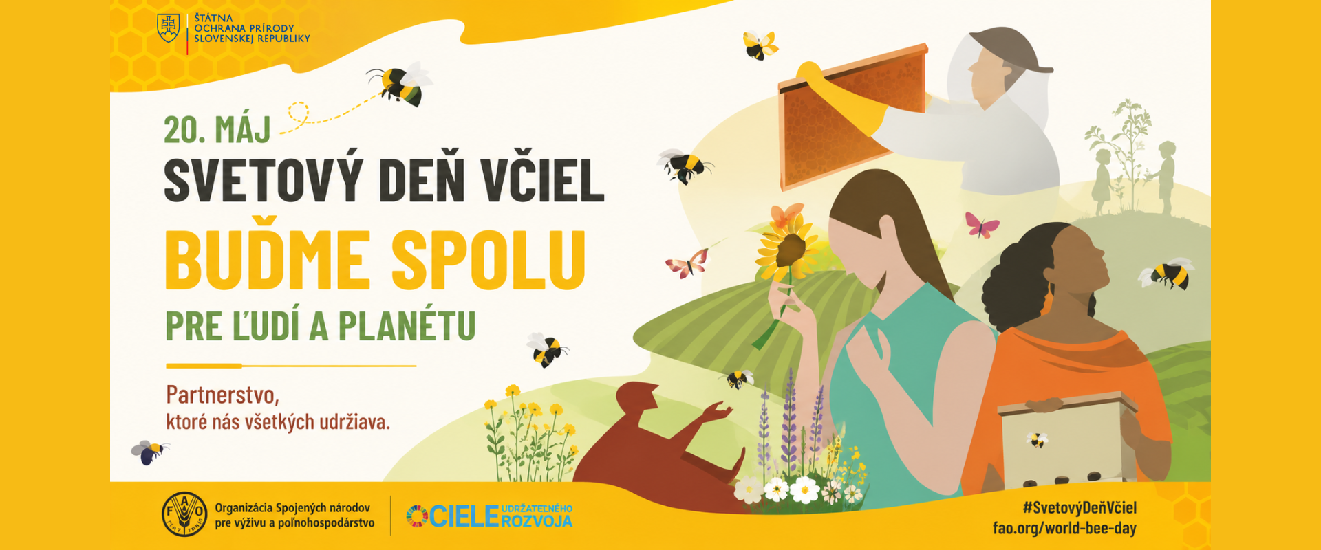 Ilustračná grafika k Svetovému dňu včiel zobrazujúca včely, včelárstvo, prírodu a ľudí v harmonickom spojení. Dominujú žlté a zelené farby, motív včelieho plástu, kvety, včelár a krajina symbolizujúca spoluprácu človeka a prírody.