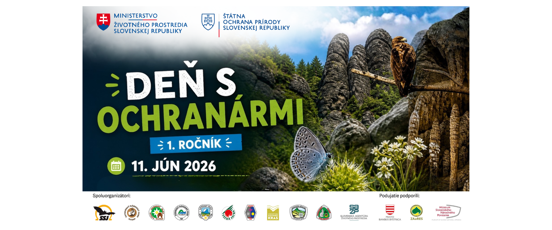 Grafický banner podujatia Deň s ochranármi 2026 s motívmi slovenskej prírody, skalných útvarov, dravca a motýľa.