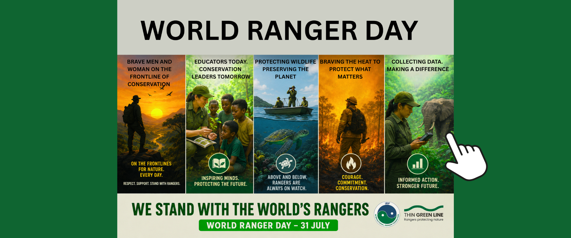 plagáty IRF – World Ranger Day, činnosti strážcov a štatistika prieskumu