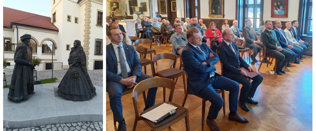 Areál Kaštieľa Pálffy vo Svätom Jure so sochami v popredí a účastníci slávnostného podujatia v interiéri kaštieľa.