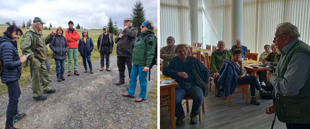 Koláž dvoch fotografií, na jednej skupina účastníkov počas terénnej exkurzie a na druhej diskusia účastníkov v interiéri.