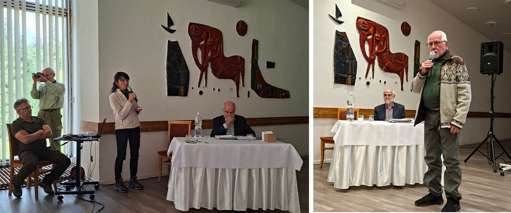 Koláž dvoch fotografií z odborného programu, na ktorých rečníci hovoria do mikrofónu pred účastníkmi podujatia.