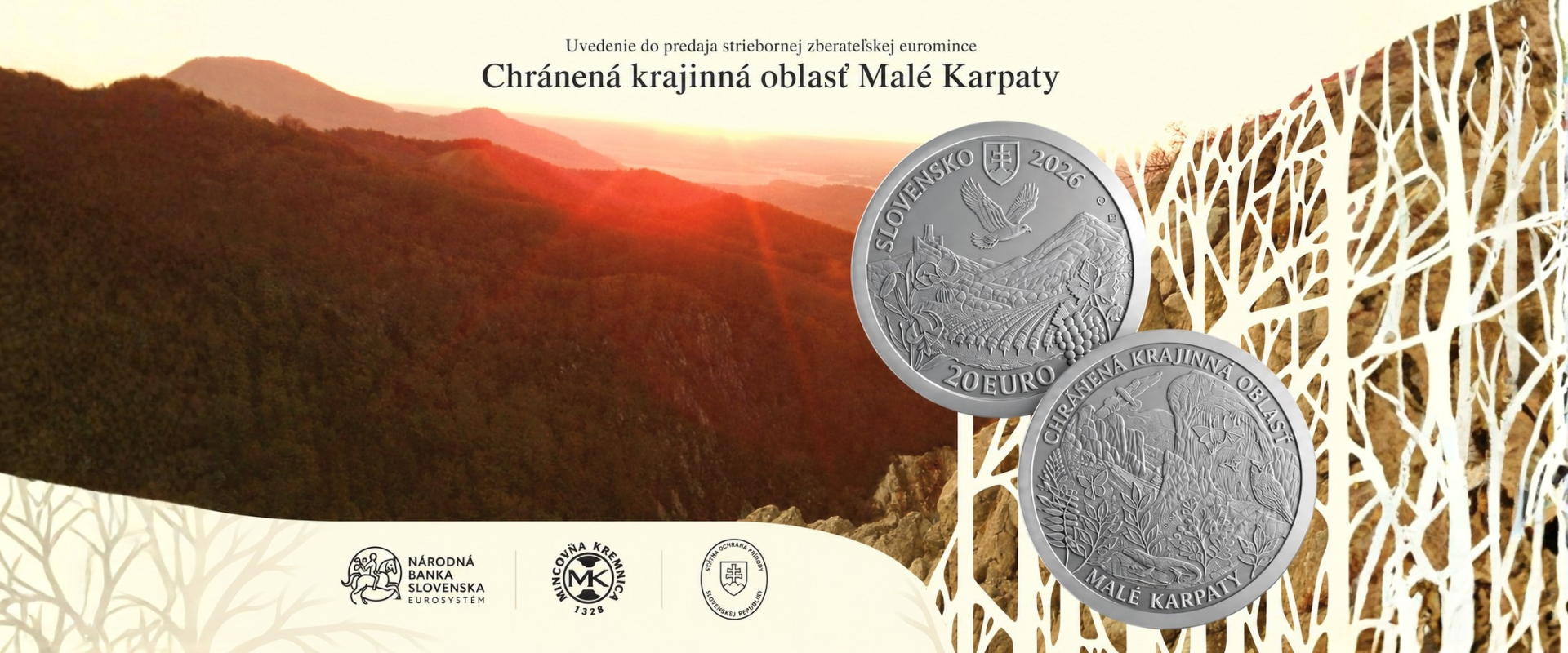 Grafika k uvedeniu striebornej zberateľskej euromince Chránená krajinná oblasť Malé Karpaty. Na pozadí je horská krajina Malých Karpát pri západe slnka, v popredí sú zobrazené obe strany 20-eurovej mince a logá Národnej banky Slovenska, Mincovne Kremnica a Štátnej ochrany prírody SR.